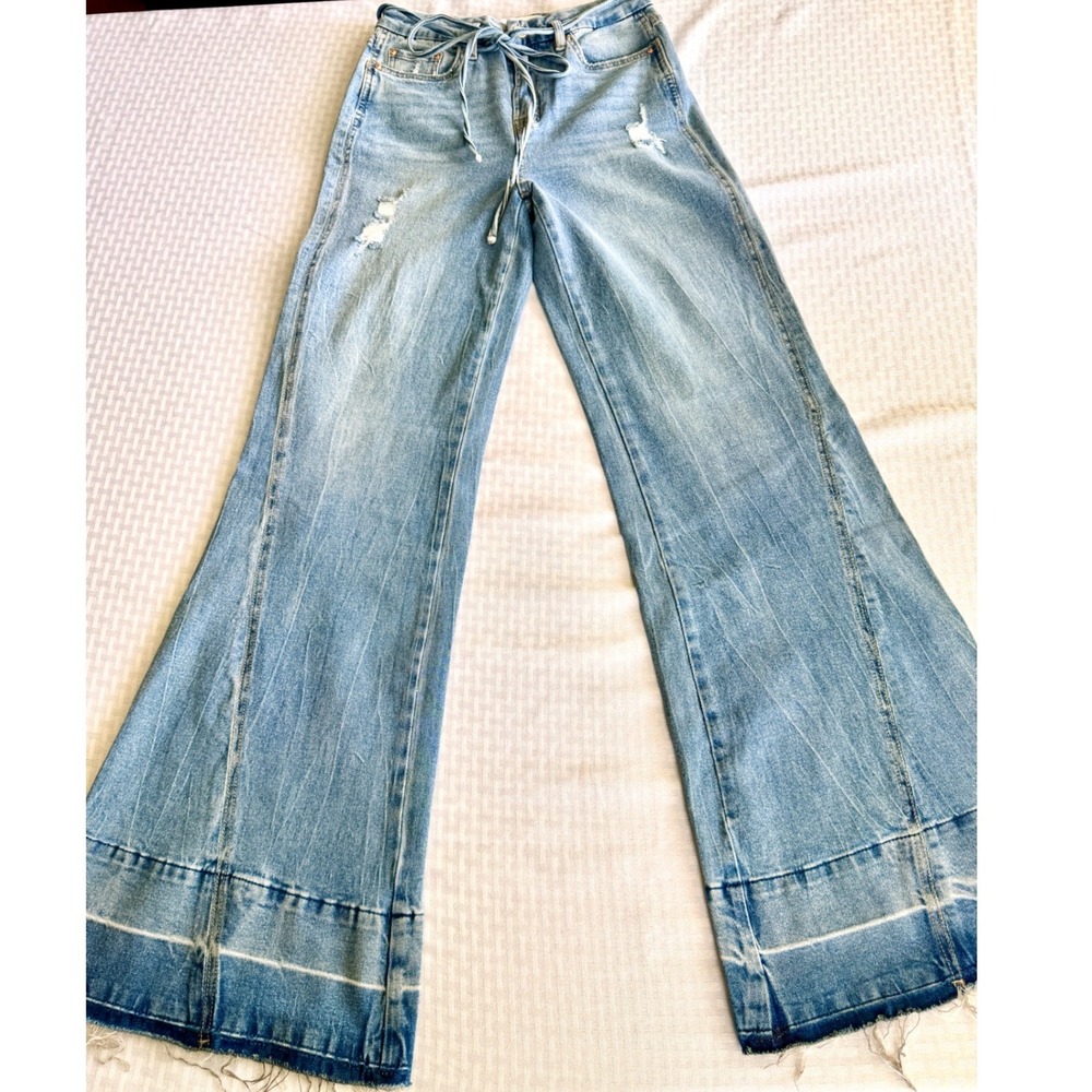 Mica Los Angelesโ High Waist Wide Leg Distressed Flare Jeans Light Wash 26
